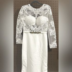 White long sleeve mermaid wedding dress with gold belt